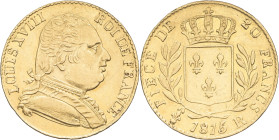 FRANCE - FRANCE
Louis XVIII (1814-1824). 20 francs buste habillé 1815, R, Londres.
G.1027 - F.518 - Fr.531 ; Or - 6,42 g - 21 mm - 6 h
TTB.
