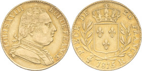 FRANCE - FRANCE
Louis XVIII (1814-1824). 20 francs buste habillé 1815, R, Londres.
G.1027 - F.518 - Fr.531 ; Or - 6,42 g - 21 mm - 6 h
TTB.