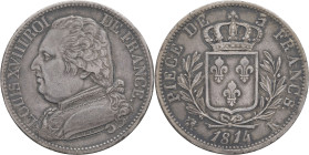 FRANCE - FRANCE
Louis XVIII (1814-1824). 5 francs buste habillé 1814, K, Bordeaux.
G.591 - F.308 ; Argent - 24,90 g - 37 mm - 6 h
TTB.