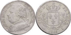 FRANCE - FRANCE
Louis XVIII (1814-1824). 5 francs buste habillé 1815, I, Limoges.
G.591 - F.308 ; Argent - 24,90 g - 37 mm - 6 h
TTB.