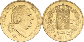 FRANCE - FRANCE
Louis XVIII (1814-1824). 40 francs 1818, W, Lille.
G.1092 - F.542 - Fr.536 ; Or - 12,87 g - 26 mm - 6 h
Graffiti autour de la valeur f...