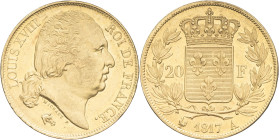 FRANCE - FRANCE
Louis XVIII (1814-1824). 20 francs tête nue 1817, A, Paris.
G.1028 - F.519 - Fr.546 ; Or - 6,44 g - 21 mm - 6 h
Superbe.