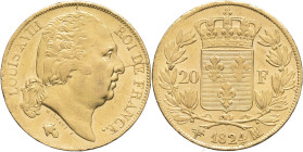 FRANCE - FRANCE
Louis XVIII (1814-1824). 20 francs tête nue 1824, MA, Marseille.
G.1028 - F.519 - Fr.546 ; Or - 6,44 g - 21 mm - 5 h
Fine cassure du c...