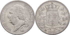 FRANCE - FRANCE
Louis XVIII (1814-1824). 5 francs buste nu 1816, A, Paris.
G.614 - F.309 ; Argent - 24,93 g - 37 mm - 6 h
TTB.