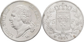 FRANCE - FRANCE
Louis XVIII (1814-1824). 5 francs buste nu 1821, A, Paris.
G.614 - F.309 ; Argent - 25,03 g - 37 mm - 6 h
Exemplaire nettoyé sinon Sup...