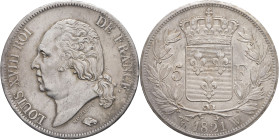 FRANCE - FRANCE
Louis XVIII (1814-1824). 5 francs buste nu 1821, W, Lille.
G.614 - F.309 ; Argent - 24,92 g - 37 mm - 6 h
Superbe.