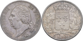 FRANCE - FRANCE
Louis XVIII (1814-1824). 5 francs buste nu 1822, A, Paris.
G.614 - F.309 ; Argent - 25 g - 37 mm - 6 h
Superbe.