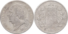 FRANCE - FRANCE
Louis XVIII (1814-1824). 2 francs 1817, H, La Rochelle.
G.513 - F.257 ; Argent - 9,90 g - 27 mm - 6 h
Stries sur le visage. TB.