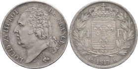 FRANCE - FRANCE
Louis XVIII (1814-1824). 1 franc 1817, K, Bordeaux.
G.449 - F.206 ; Argent - 5,01 g - 23 mm - 6 h
TTB.