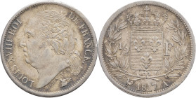 FRANCE - FRANCE
Louis XVIII (1814-1824). 1/2 franc 1817, A, Paris.
G.401 - F.179 ; Argent - 2,53 g - 18 mm - 6 h
Superbe.