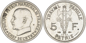 FRANCE - FRANCE
État Français (1940-1944). Essai de 5 francs Pétain, 2e type, en maillechort 1941.
GEM.142.37 ; Maillechort - 4,12 g - 22 mm - 6 h
Ave...