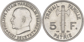 FRANCE - FRANCE
État Français (1940-1944). 5 francs Pétain 1941, Paris.
F.338 - G.764 ; Cupro-nickel - 4 g - 22 mm - 6 h
Superbe.