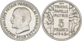 FRANCE - FRANCE
État Français (1940-1944). Essai de 5 francs Pétain grand module, par Bazor et Galle 1942, Paris.
GEM.143.2 - Maz.2662a v. ; Cupro-nic...