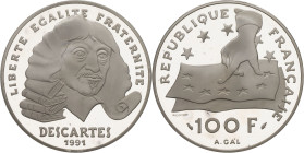 FRANCE - FRANCE
Ve République (1958 à nos jours). Piéfort de 100 francs Descartes 1991, Pessac.
GEM.240.P1 ; Argent - 30 g - 31 mm - 6 h
Vendu dans sa...