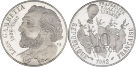 FRANCE - FRANCE
Ve République (1958 à nos jours). Piéfort de 10 francs Gambetta en argent 1982, Pessac.
GEM.187.P2 ; Argent - [22,80] g - 26 mm - 6 h
...