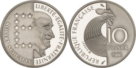 FRANCE - FRANCE
Ve République (1958 à nos jours). Piéfort de 10 francs Robert Schuman en argent 1986, Pessac.
GEM.195.P1 ; Argent - [15,30] g - 21 mm ...