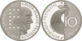 FRANCE - FRANCE
Ve République (1958 à nos jours). Piéfort de 10 francs Robert Schuman en argent 1986, Pessac.
GEM.195.P1 ; Argent - [15,30] g - 21 mm ...