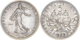 FRANCE - FRANCE
Ve République (1958 à nos jours). Essai-piéfort de 5 francs Semeuse en argent 1959, Paris.
GEM.153.EP ; Argent - 24 g - 29 mm - 12 h
S...