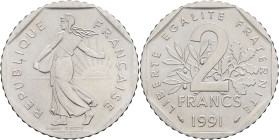 FRANCE - FRANCE
Ve République (1958 à nos jours). 2 francs Semeuse, frappe monnaie 1991, Pessac.
G.547 - F.272 ; Nickel - 7,48 g - 26 mm - 6 h
Superbe...