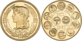FRANCE - FRANCE
Ve République (1958 à nos jours). Ecu en or, adhésion de l’Espagne et du Portugal à l’Union Européenne 1987, Pessac.
KM.X53 ; Or - 49,...