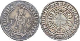 FRANCE / FÉODALES - FRANCE / FEUDAL
Metz (ville de). Gros ND (XVe siècle), Metz.
Bd.1660 v. ; Argent - 2,90 g - 26,6 mm - 7 h
TTB.