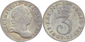 GRANDE-BRETAGNE - UNITED KINGDOM
Georges III (1760-1820). 3 pence, Maundy money 1763, Londres.
S.3753 - KM.591 ; Argent - 1,44 g - 17 mm - 6 h
TTB.