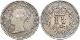 GRANDE-BRETAGNE - UNITED KINGDOM
Victoria (1837-1901). 1 1/2 pence 1843, Londres.
S.3915 - KM.728 ; Argent - 0,70 g - 12 mm - 6 h
TTB.
