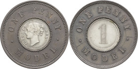 GRANDE-BRETAGNE - UNITED KINGDOM
Victoria (1837-1901). One penny model ND (1844-1848).
Bimétallique - 3,81 g - 22 mm - 12 h
Coin de revers brisé. TTB ...