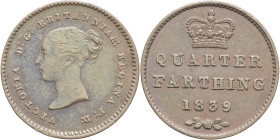 GRANDE-BRETAGNE - UNITED KINGDOM
Victoria (1837-1901). Quarter farthing 1839, Londres.
S.3953 - KM.737 ; Cuivre - 1,18 g - 13,5 mm - 12 h
Superbe.