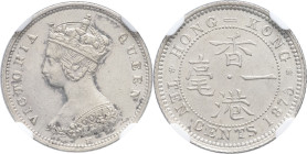 HONG KONG - HONG KONG
Victoria (1837-1901). 10 cents 1875, H, Birmingham.
KM.6 ; Argent - [2,70] g - 18 mm - 6 h
NGC AU 55 (6385872-016). 
Une fine gr...