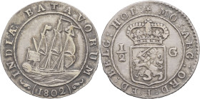 INDES NÉERLANDAISES - NETHERLANDS EAST INDIES
République batave (1795-1806). 1/2 gulden 1802, Enkhuizen.
KM.82 - DMP.1110 ; Argent - 4,88 g - 27 mm - ...