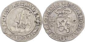 INDES NÉERLANDAISES - NETHERLANDS EAST INDIES
République batave (1795-1806). 1/8 gulden 1802, Enkhuizen.
KM.79 - DMP.1112 ; Argent - 1,17 g - 20 mm - ...