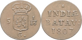 INDES NÉERLANDAISES - NETHERLANDS EAST INDIES
Louis Napoléon (1806-1810). Duit 1807.
KM.76 - DMP.1132 ; Cuivre - 2,93 g - 22 mm - 12 h
TTB à Superbe....