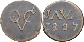 INDES NÉERLANDAISES - NETHERLANDS EAST INDIES
Louis Napoléon (1806-1810). Duit 1807, Surabaya.
KM.220 - DMP.1142 ; Cuivre - 3,07 g - 20 mm - 12 h
Flan...