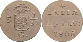 INDES NÉERLANDAISES - NETHERLANDS EAST INDIES
Louis Napoléon (1806-1810). 1/2 duit 1808.
KM.75 - DMP.1134 ; Cuivre - 1,27 g - 18 mm - 12 h
Coins fissu...