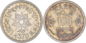 MAROC - MOROCCO
Mohammed V (1927-1961). Essai de 100 francs AH 1370 (1951), Paris.
Lec.284 ; Argent - 2,51 g - 18 mm - 6 h
Superbe à Fleur de coin.