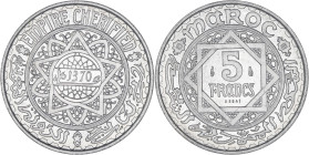 MAROC - MOROCCO
Mohammed V (1927-1961). Essai de 5 francs AH 1370 (1951), Paris.
Lec.246 ; Aluminium - 1,85 g - 25 mm - 6 h
Fleur de coin.