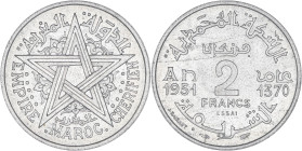 MAROC - MOROCCO
Mohammed V (1927-1961). Essai de 2 francs 1951 - AH 1370, Paris.
Lec.235 ; Aluminium - 1,21 g - 22 mm - 6 h
Quelques marques au revers...
