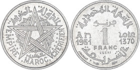 MAROC - MOROCCO
Mohammed V (1927-1961). Essai de 1 franc 1951 - AH 1370, Paris.
Lec.227 ; Aluminium - 0,79 g - 19 mm - 6 h
Superbe à Fleur de coin.