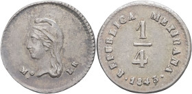 MEXIQUE - MEXICO
République du Mexique (1821-1917). 1/4 réal 1843 LR, Mo, Mexico.
KM.368.6 ; Argent - 0,85 g - 12 mm - 6 h
TTB.