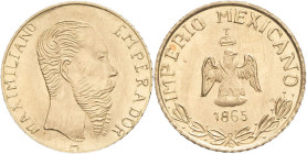 MEXIQUE - MEXICO
Maximilien Ier (1864-1867). 1/4 peso 1865 (frappe postérieure).
Or - 0,45 g - 10 mm - 6 h
Fleur de coin.
m
