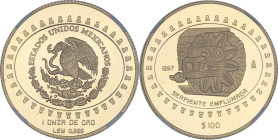 MEXIQUE - MEXICO
République fédérale (depuis 1917). 100 pesos, serpent à plumes, Flan bruni (PROOF) 1997, Mo, Mexico.
KM.626 - Fr.203 ; Or - [31,10] g...