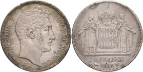 MONACO - MONACO
Honoré V (1819-1841). 5 francs 1837.
G.MC107 ; Argent - 24,93 g - 37 mm - 6 h
Anciennement sertie. Tranche *** D*EO JUVANTE. TB.