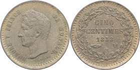 MONACO - MONACO
Honoré V (1819-1841). Épreuve de 5 centimes par Rogat 1838, Bruxelles (Würden).
G.MC110 ; Cuivre - 9,89 g - 31 mm - 6 h
Superbe à Fleu...