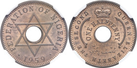 NIGERIA - NIGERIA
Élisabeth II (1952-2022). 1/2 penny 1959, Londres.
KM.1 ; Bronze - [3,78] g - 21 mm - 12 h
Top Pop : c’est le plus bel exemplaire gr...