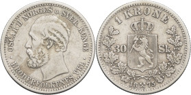 NORVÈGE - NORWAY
Oscar II (1872-1907). 1 krone / 30 skilling 1875, Kongsberg.
KM.351 ; Argent - 7,43 g - 25 mm - 12 h
L’avers légèrement taché. TB....