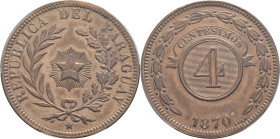 PARAGUAY - PARAGUAY
République. 4 centesimos 1870 SHAW, Birmingham.
KM.4 ; Cuivre - [19,74] g - 35 mm - 6 h
PCGS Genuine Cleaning - AU Details (317592...