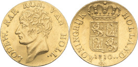 PAYS-BAS - NETHERLANDS
Louis Napoléon Ier (1806-1810). Ducat 2e type 1810, Utrecht.
DMP.1106 - Fr.322 ; Or - 3,50 g - 18,5 mm - 6 h
Exemplaire nettoyé...