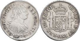 PÉROU - PERU
Charles IV (1788-1808). 2 réaux 1794 IJ, Lima.
AC.577 - KM.95 ; Argent - 6,75 g - 29 mm - 12 h
Exemplaire nettoyé. TB à TTB.