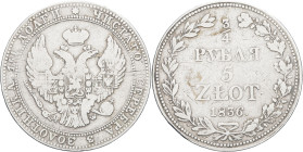POLOGNE - POLAND
Nicolas Ier (1825-1855). 3/4 rouble - 5 zlotych 1836 MW, Varsovie.
Bitkin 1140 - KM.133 ; Argent - 14,99 g - 33 mm - 12 h
TB.